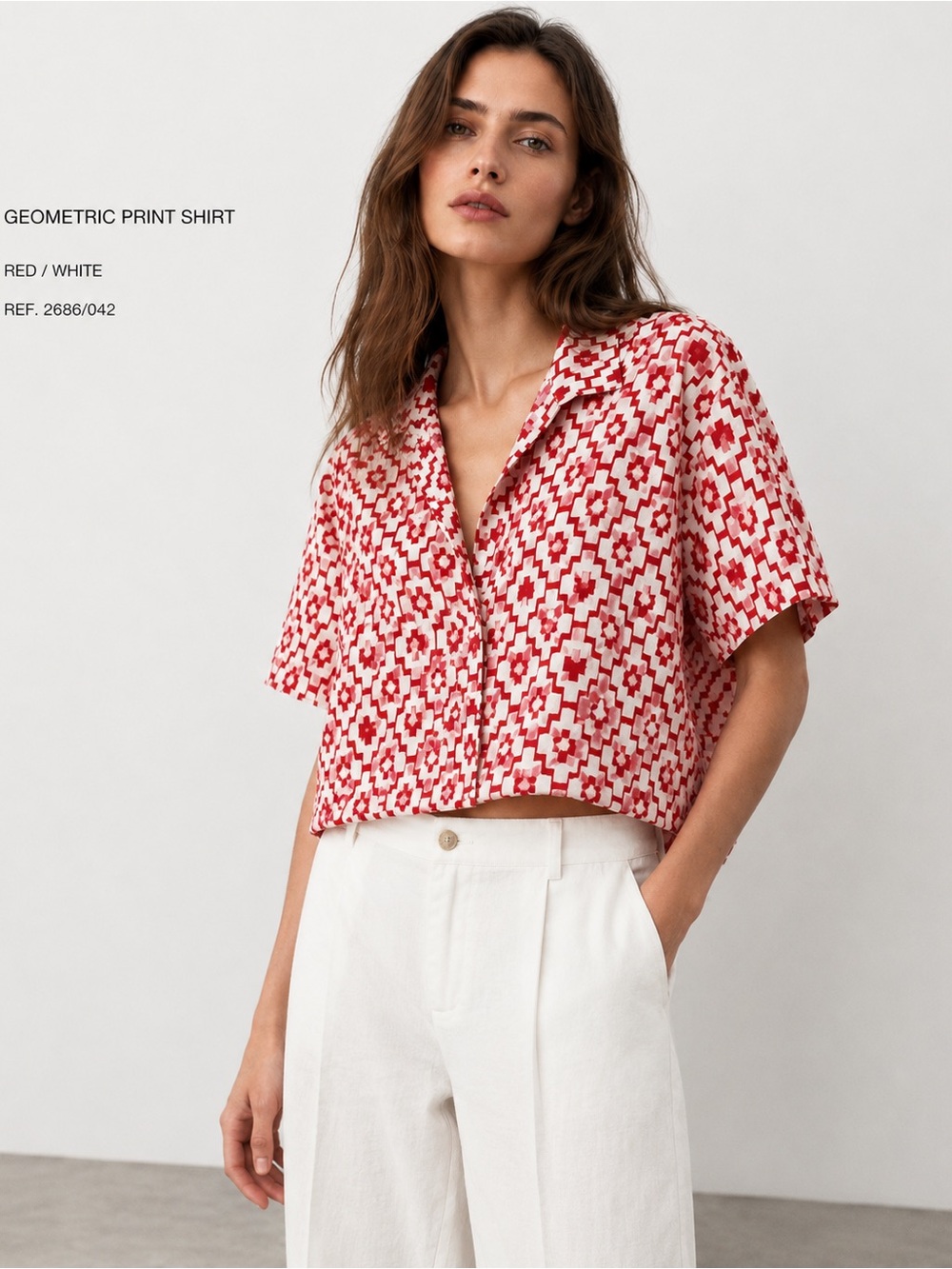 Shade & Shore Red and White Geometric Linen Button Down Crop Shirt -Short Sleeve